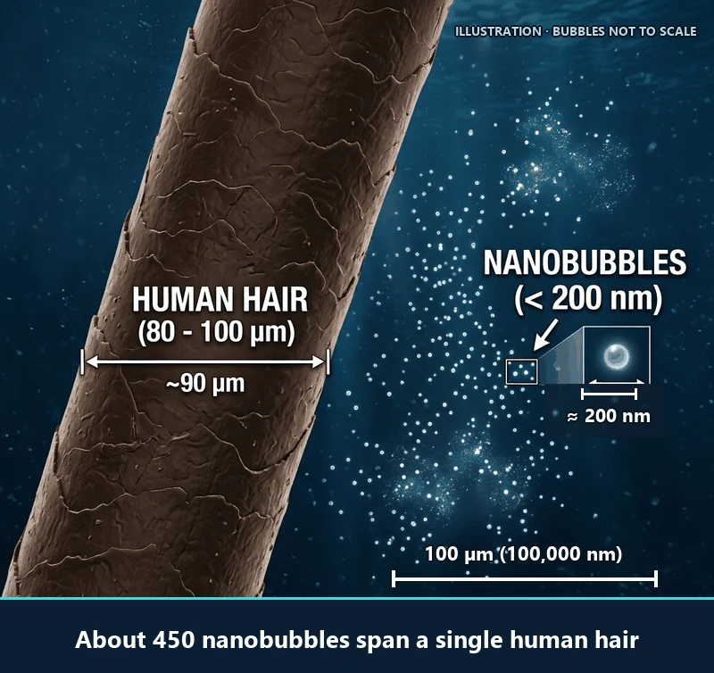 Illustration comparing nanobubbles under 200 nm with a human hair about 90 microns across.